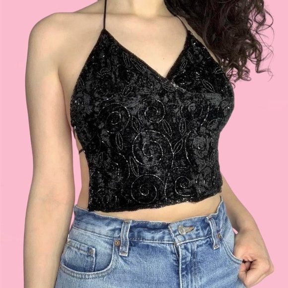 Vintage Candies Small Velvet Beaded Crop Top with Spaghetti Straps! - Picture 4 of 4